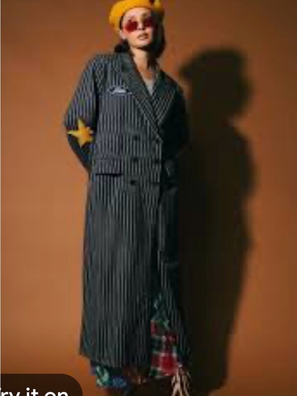 Dressed in Lala Long Pinstripe Coat with Yellow Star Elbow Detail - Women - Picture 10 of 10
